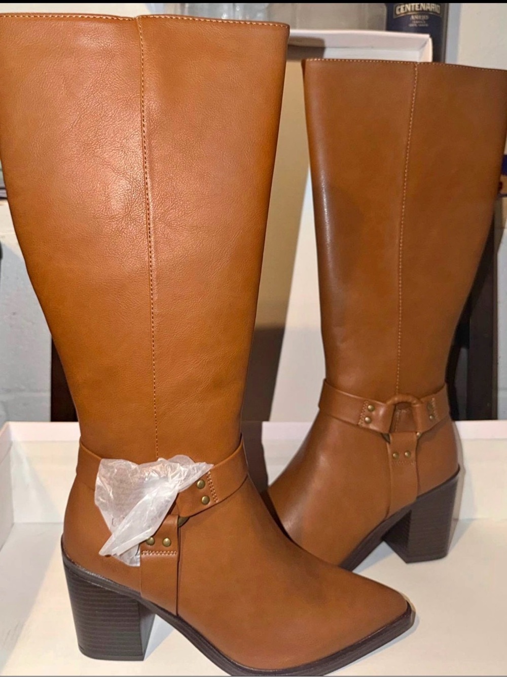 Women's Tan Mid-Calf Block Heel Harness Boots
